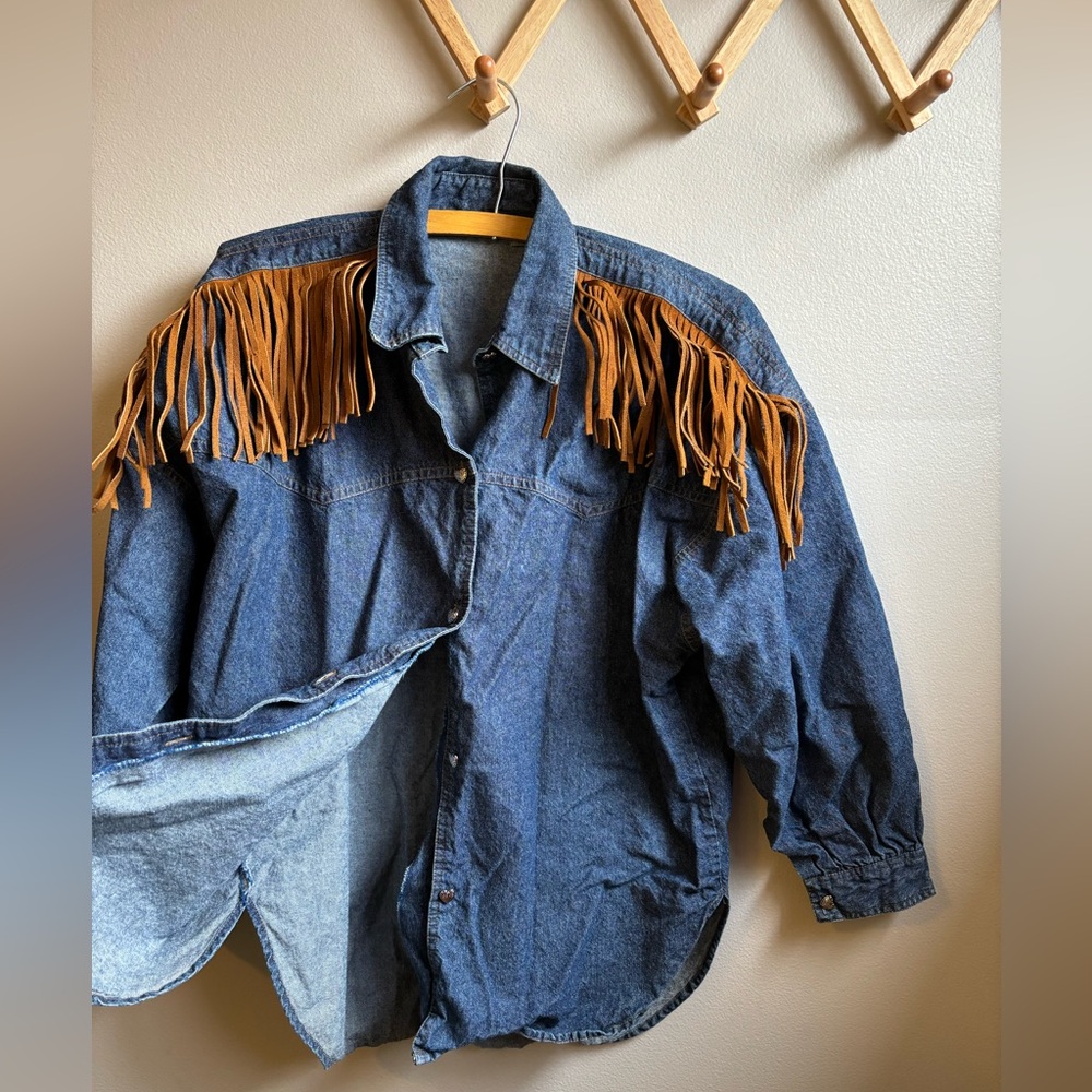 Leather Fringe Button Down Top Denim - Picture 2 of 3
